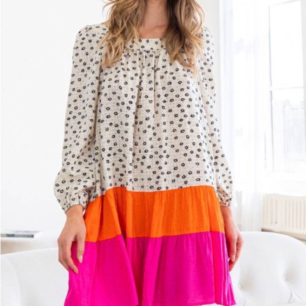 Floral Print Dress with Orange and Pink Hem